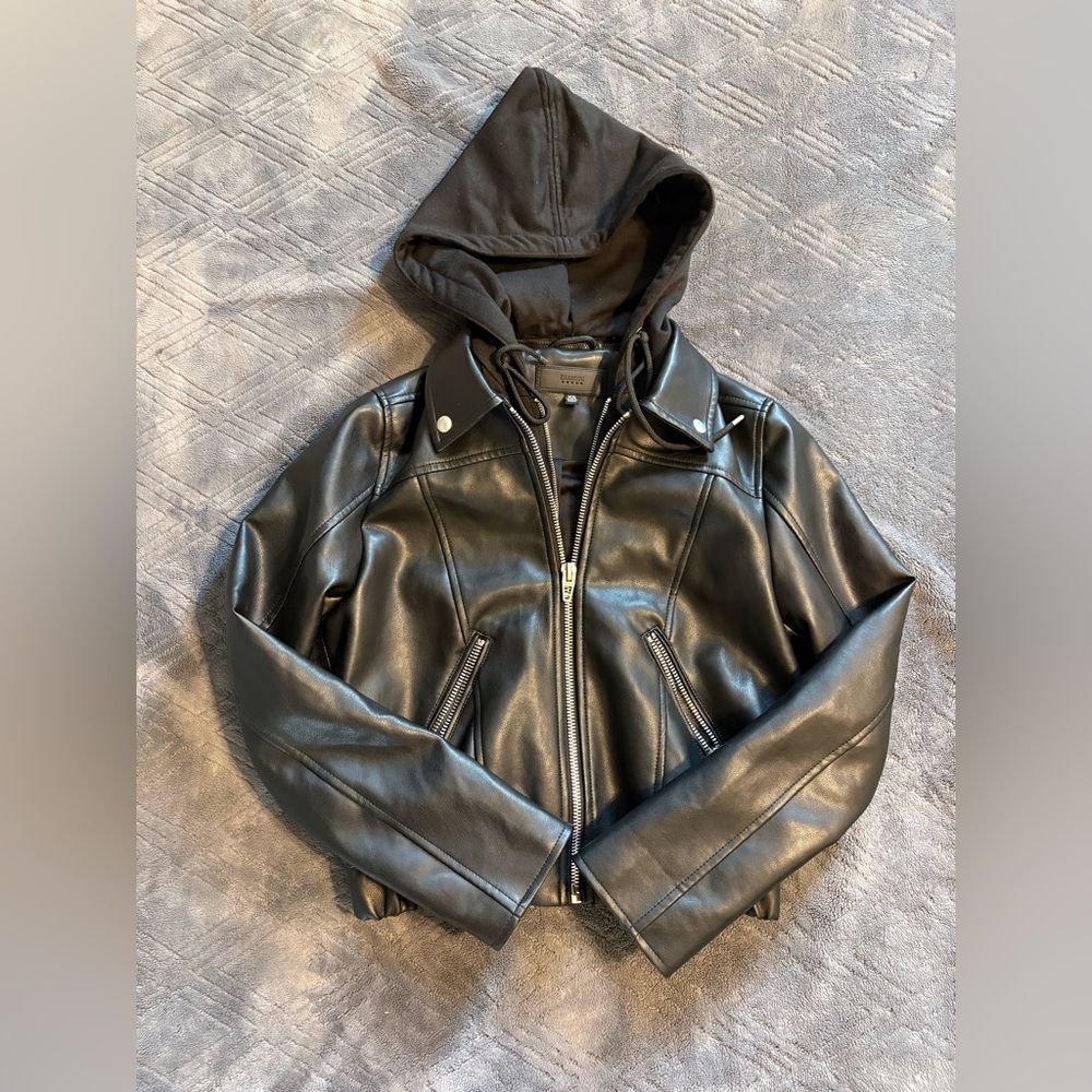 Blank NYC Black Leather Jacket with Hood